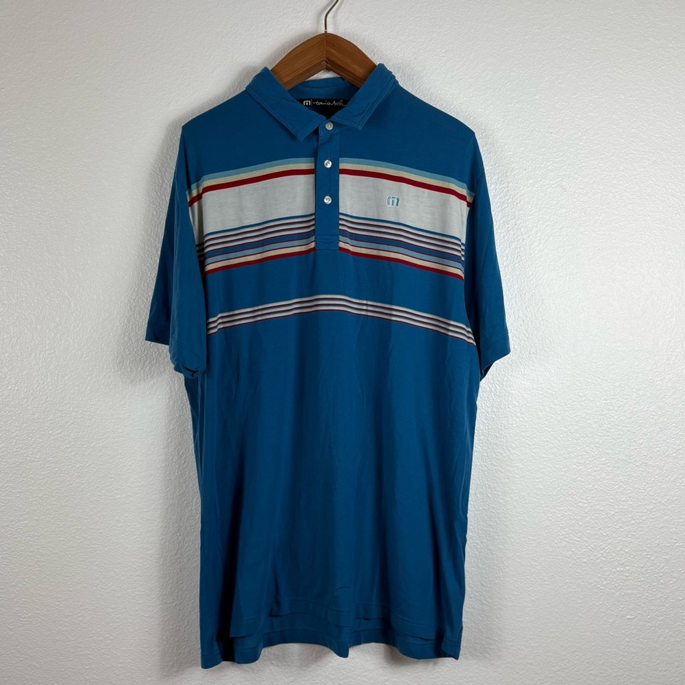 Travis Mathew Teal Blue Polo with Multicolor Chest Stripes